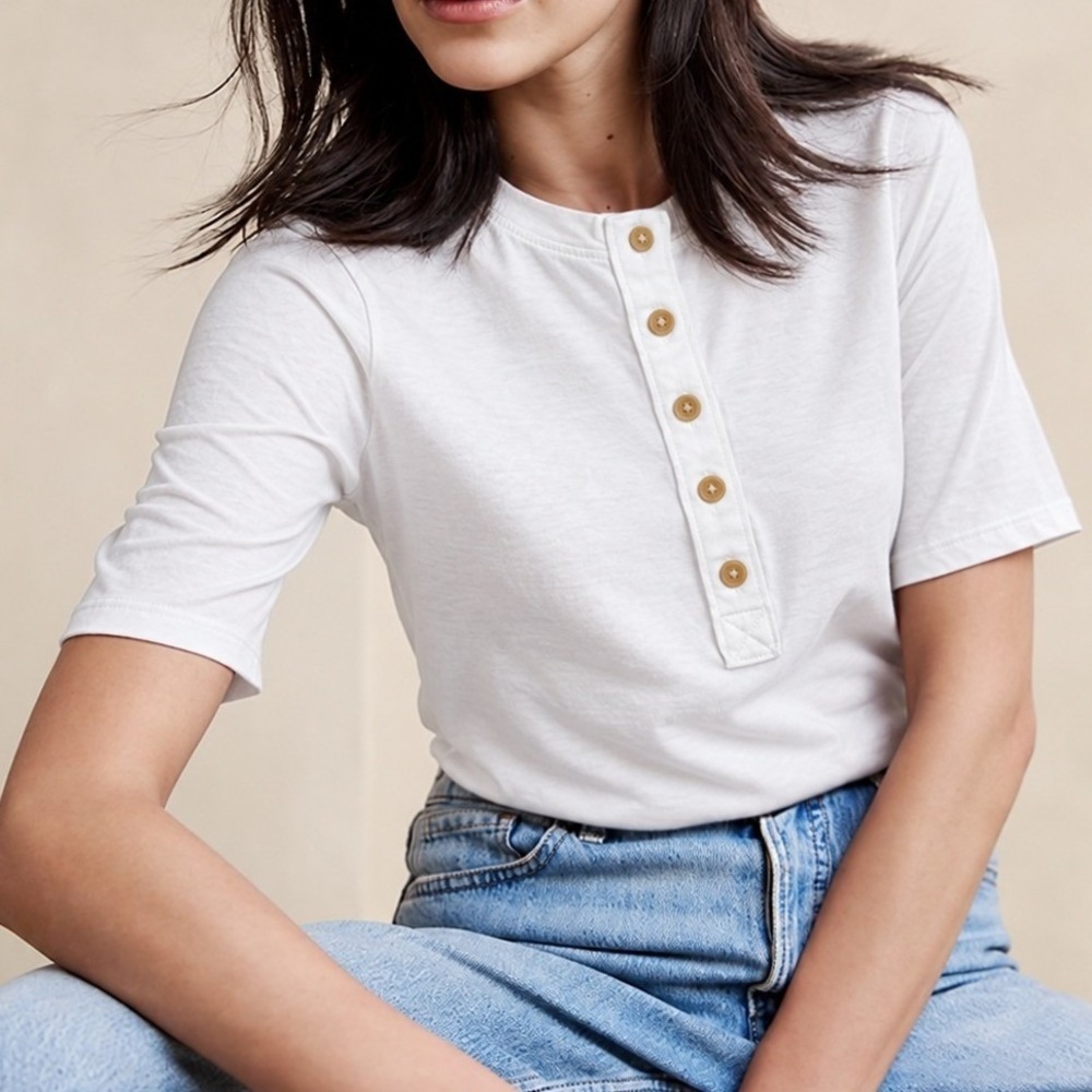 Banana Republic XL Henley Top White Organic Cotton Elbow Sleeve 885466 Casual